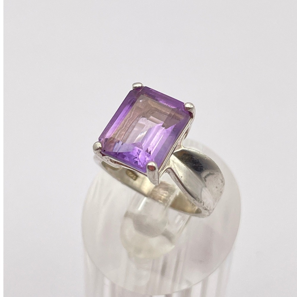 Sterling Silver Amethyst Purple Color Emerald Cut Solitaire CZ Cocktail Ring - Picture 4 of 10